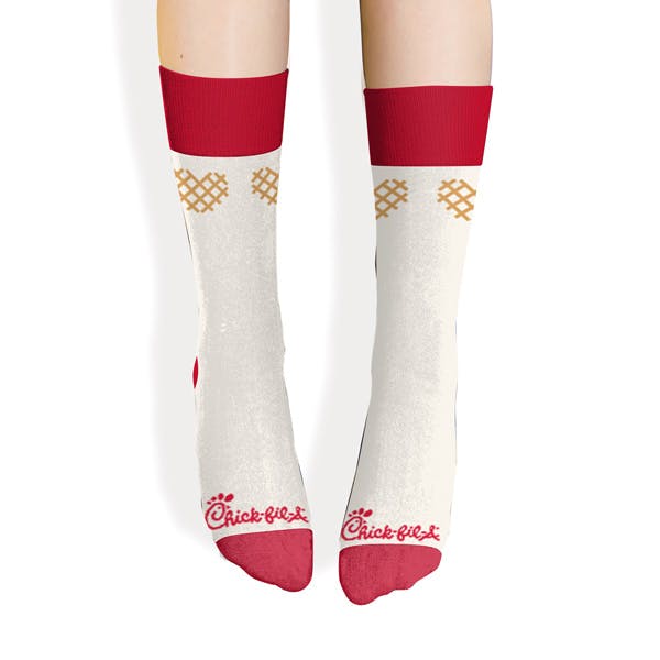 Front View of a Chick-Fil-A Custom Sock that says "I Heart Waffle Fries"