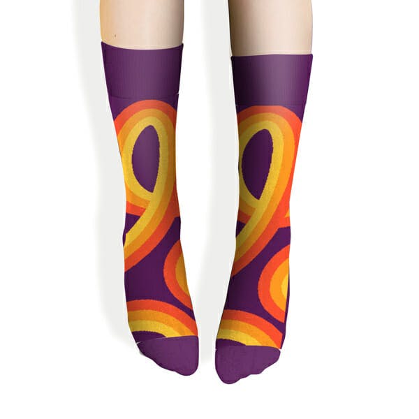 model wearing custom bold design on sock clubs's custom crew socks