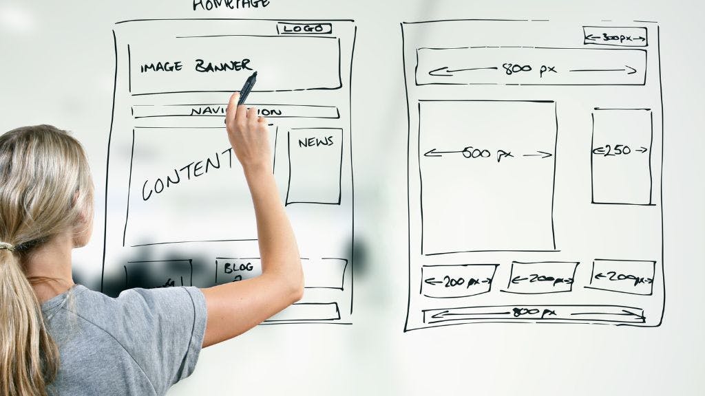 Woman making a wireframe of a new company swag store on a dry erase board