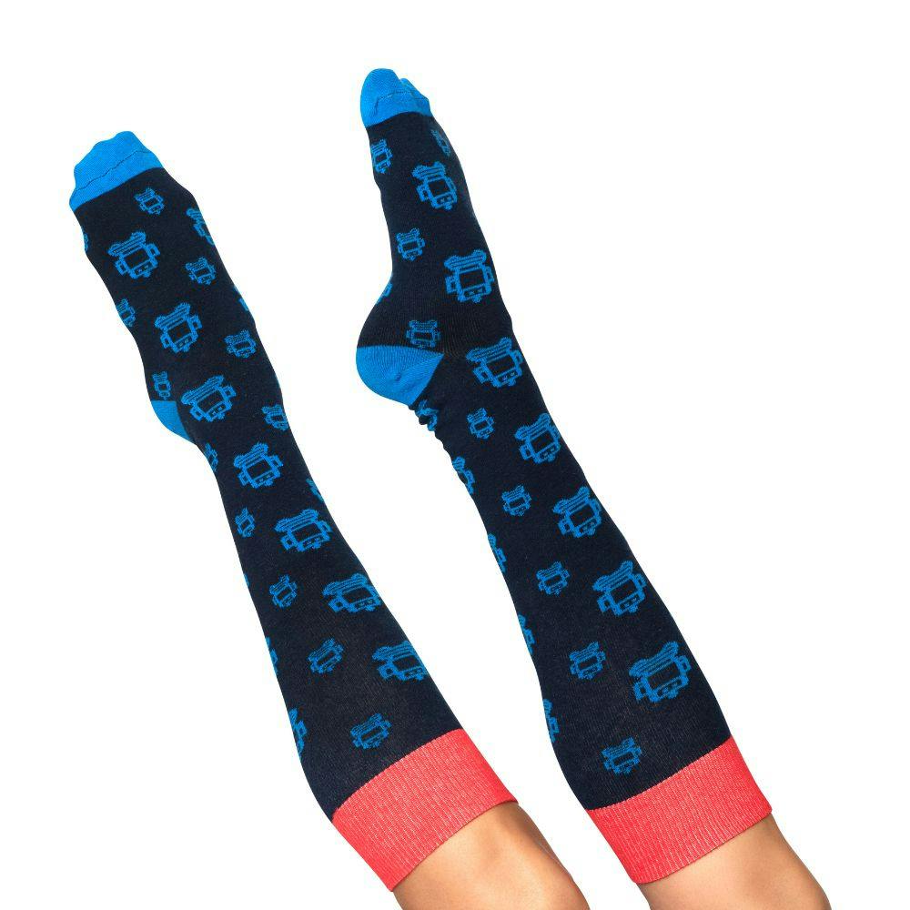 Branded knee high socks with repeating robot logo