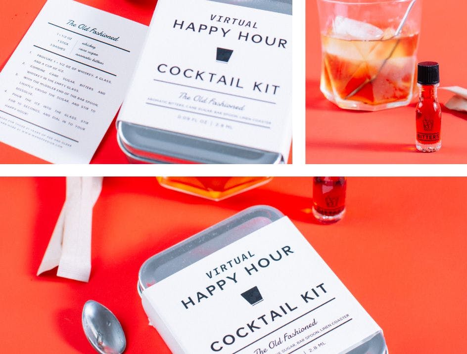 A creative branded cocktail kit for a virtual happy hour featuring items needed to make an Old Fashioned cocktail designed by Canary Marketing