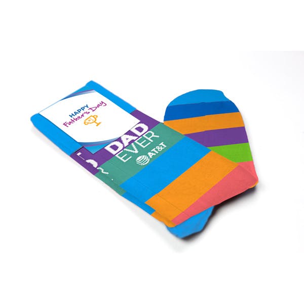 Folded View of a striped custom sock for AT&T's Father's Day celebration for their employee wellness program