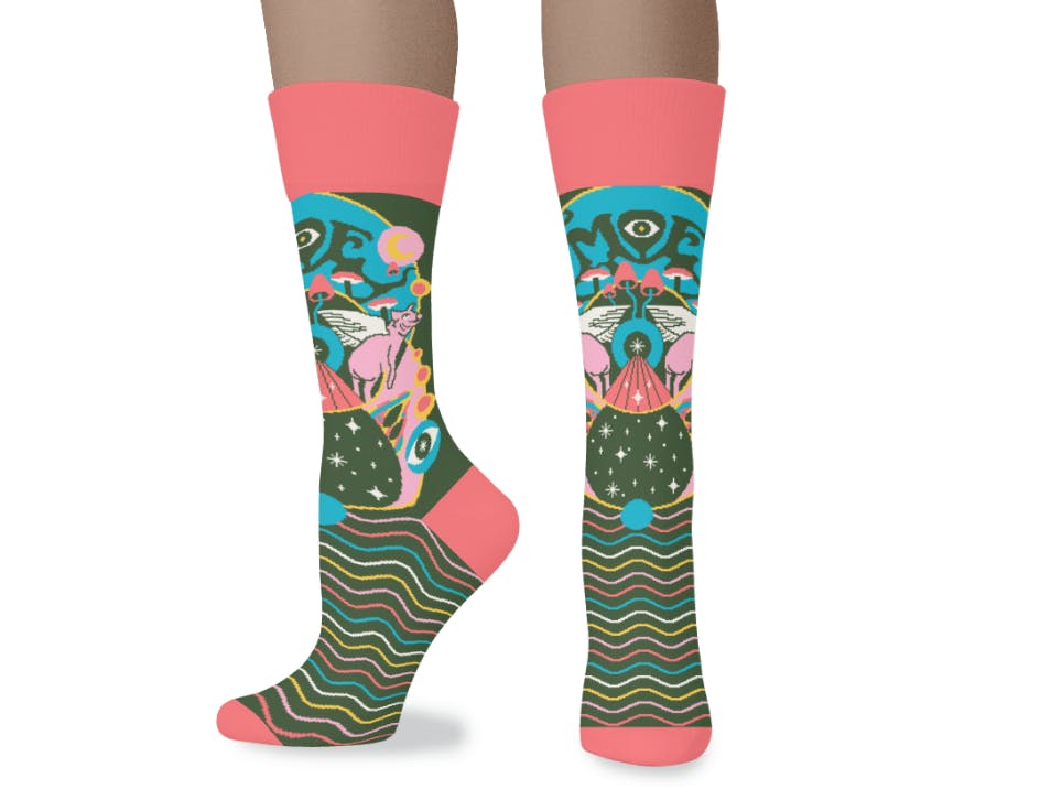 Custom designed space themed colorful socks for the band moe.