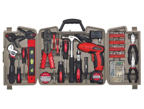 Red and black tool case with tools