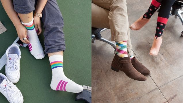 Woman putting on custom white sports socks with stripes on the left, and two people in an office wearing custom dress socks on the right