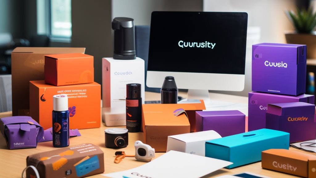 A variety of branded corporate gifts on a desk in a corporate office