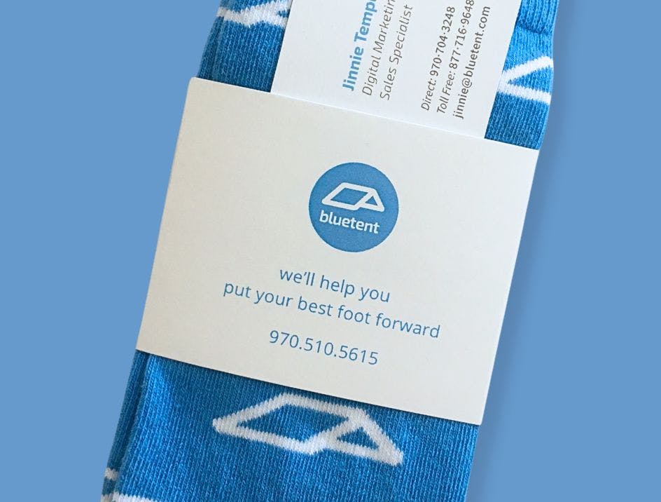 Corporate custom socks from Bluetent with a clever marketing message