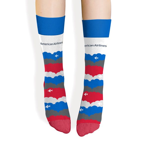 Front View of a custom sock that American Airlines created for a trade show giveaway