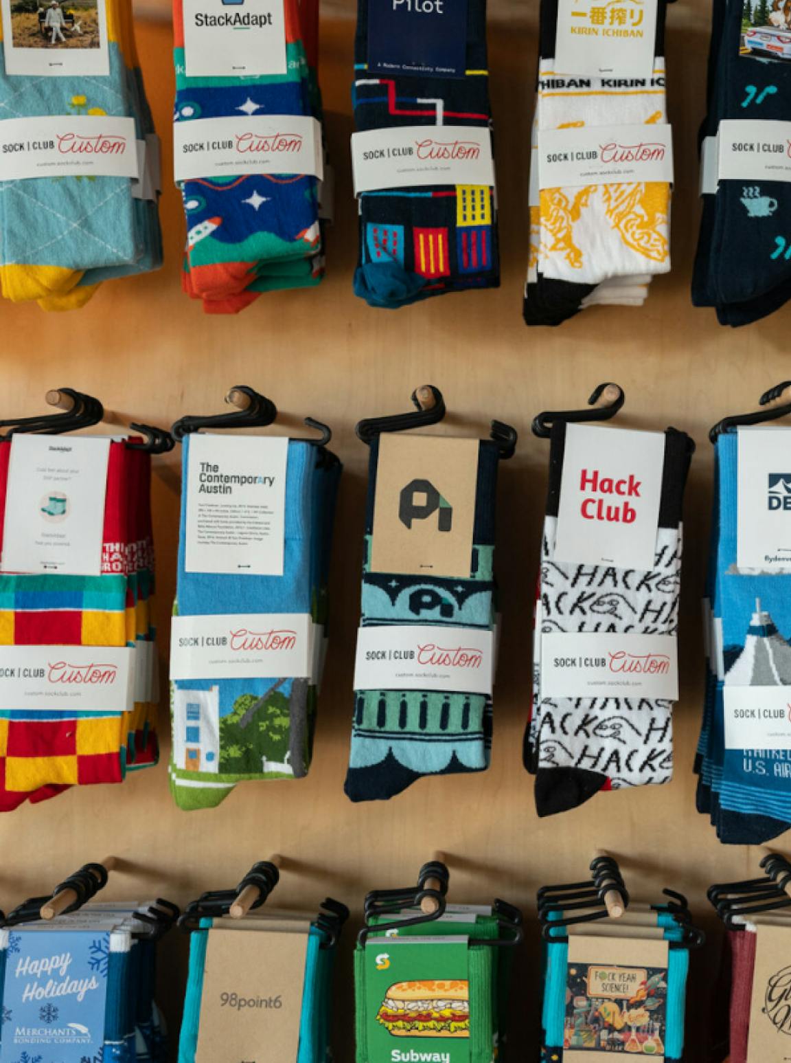 Wall of branded socks in Sock Club headqurters 