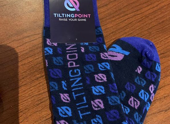 Blue Tilting Point NYC Custom Socks for Donor Gifts 