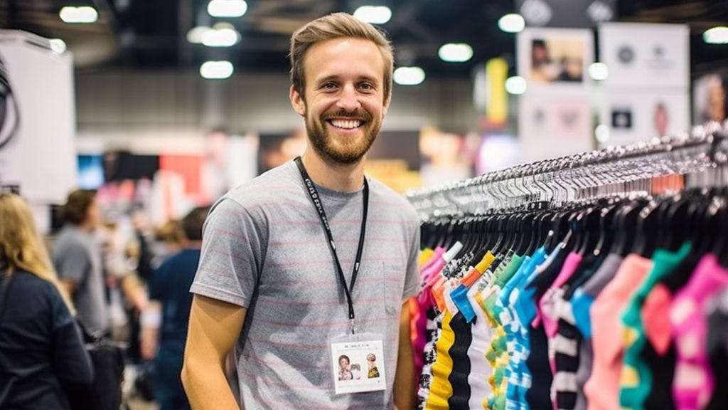 Experience events manager handing out custom socks as swag at a trade show event