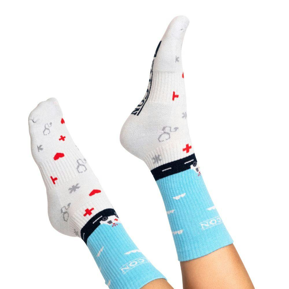 Model wearing Falcon Ambulance Custom Crew Athletic Socks with Cushion and Compression
