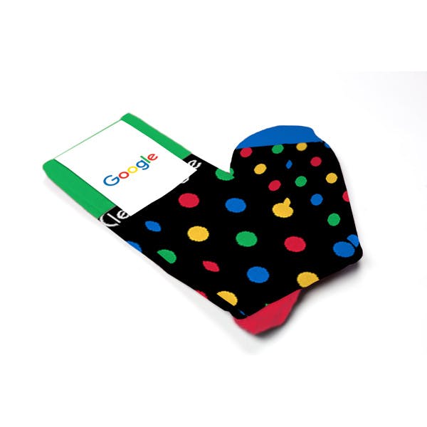 Folded View of a black polka dot custom sock with logo for an internal event at Google