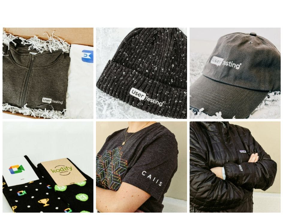 Branded corporate apparel created by Corporate Couture including a hoodie, beanie, and hat for User Testing, custom socks for Google Meet and Kodify, a t-shirt for Caiis, and a branded Patagonia jacket