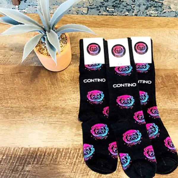 Black Contino logo socks with purple and blue logo