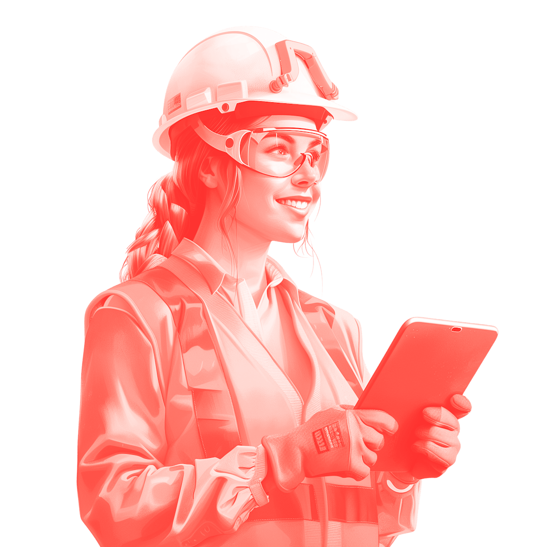 Female engineer, wearing full PPE, Holding an iPad smiling.