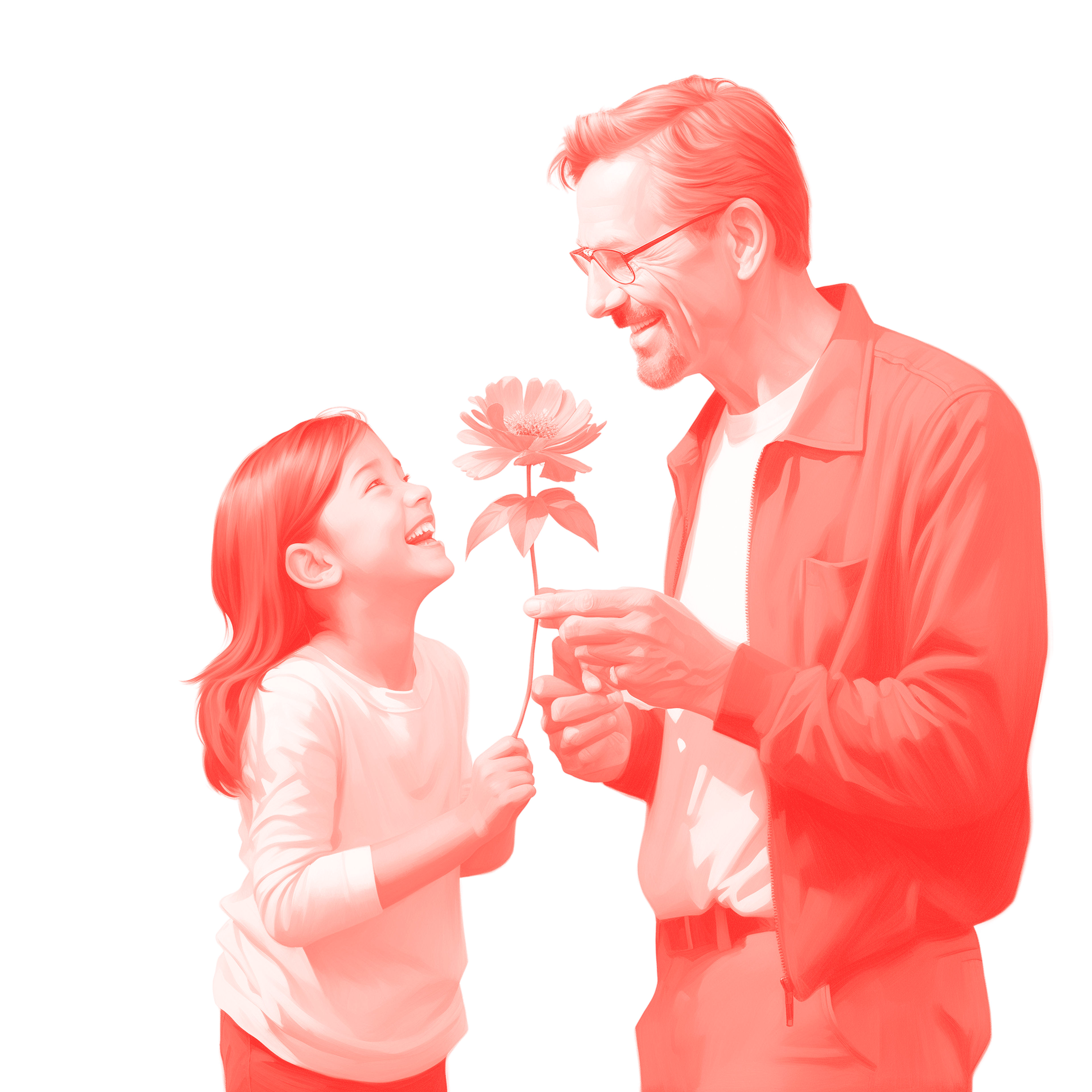 A young girl handing her father a flower