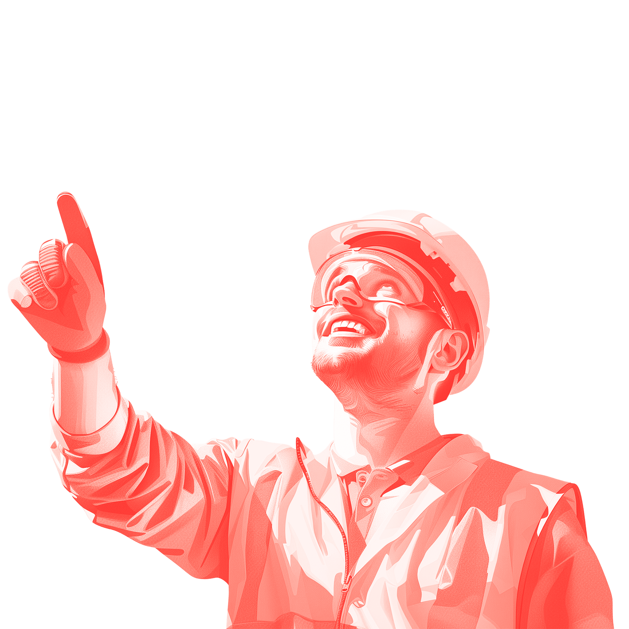 Engineer wearing full PPE pointing upwards