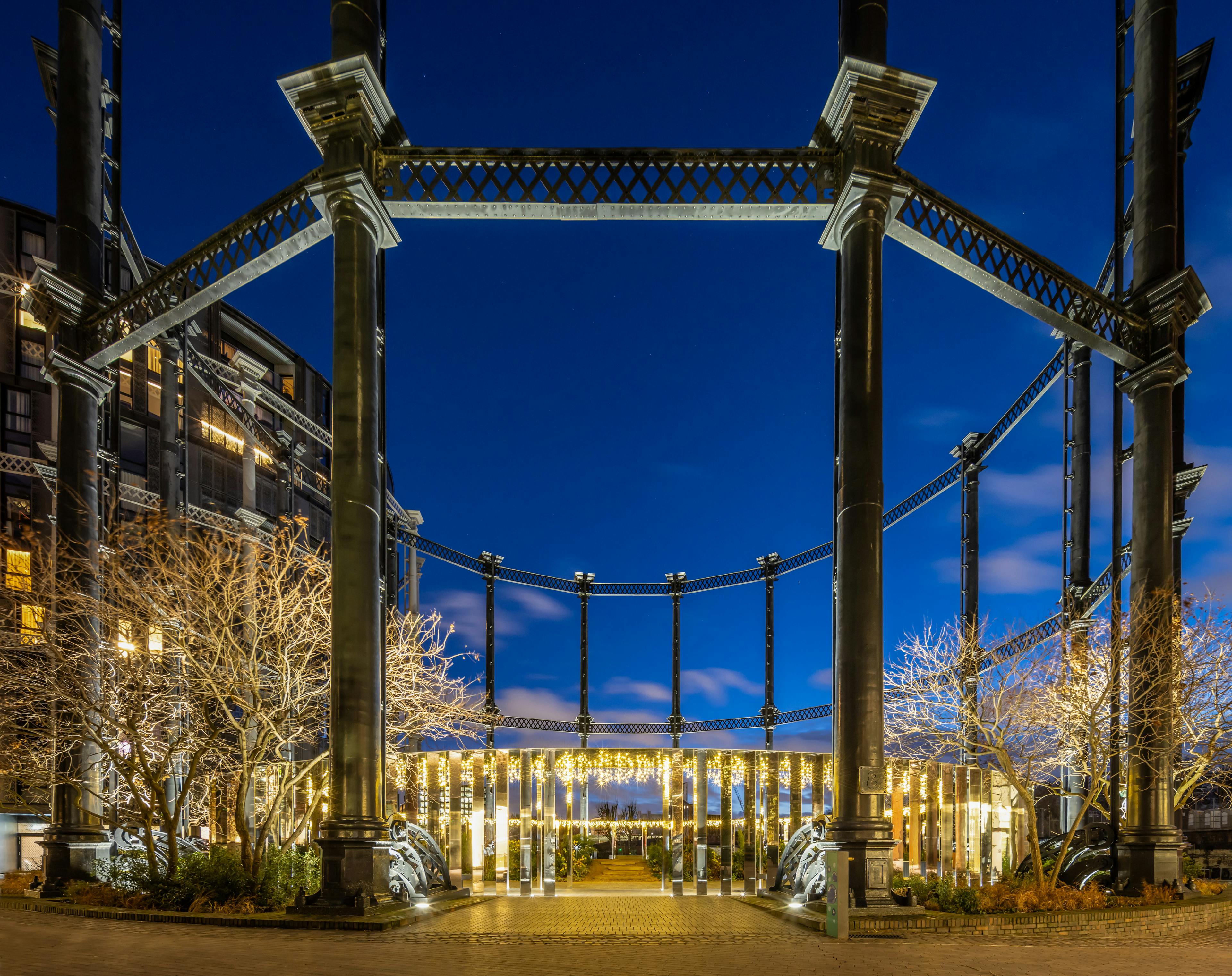 Gasholder park lit up at night