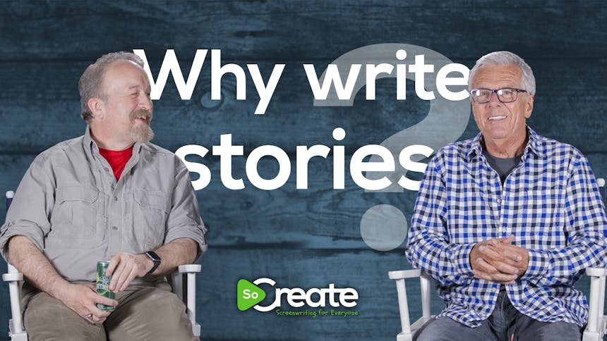 Michael Stackpole y Peter Dunne delante de un gráfico que dice "¿Por qué escribir historias?"