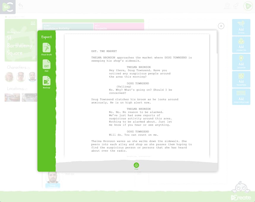 A traditional screenplay appears in the SoCreate export feature