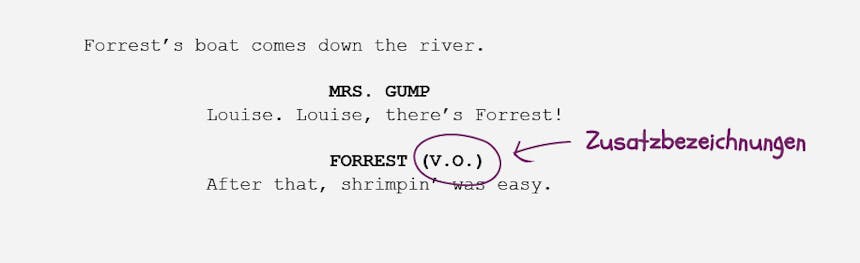 Die Grundlagen der Drehbuchformatierung Zusatzbezeichnungen