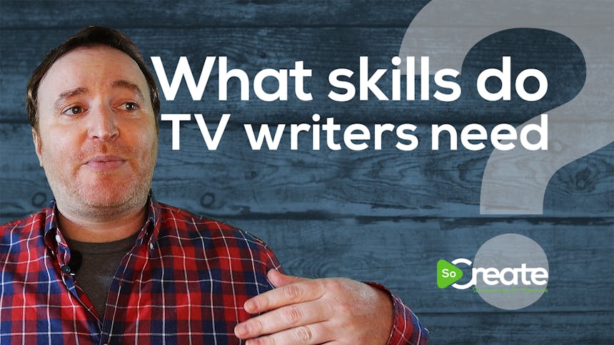 Drehbuchautor Marc Gaffen auf einer Grafik mit dem Text „What Skills do TV Writers Need“
