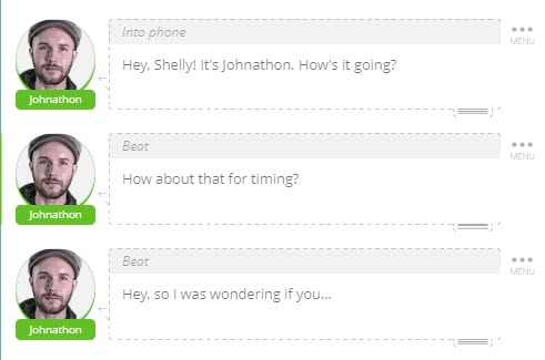 An example of how to write a phone call in a screenplay in SoCreate