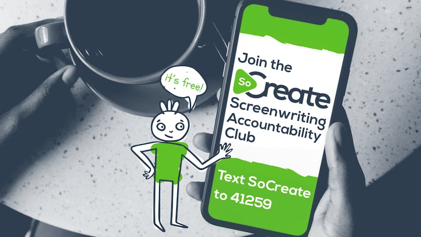 SoCreate Screenwriting Accountability Club on mobile device while writer has coffee