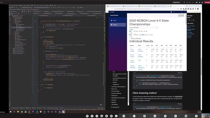 Computer screen shows code and a gymnastics score tracker app with regional standings