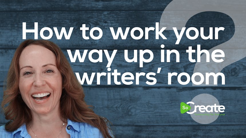 Drehbuchautorin Stephanie K. Smith über einer Grafik mit der Aufschrift „Wie man sich im Writers‘ Room hocharbeitet".