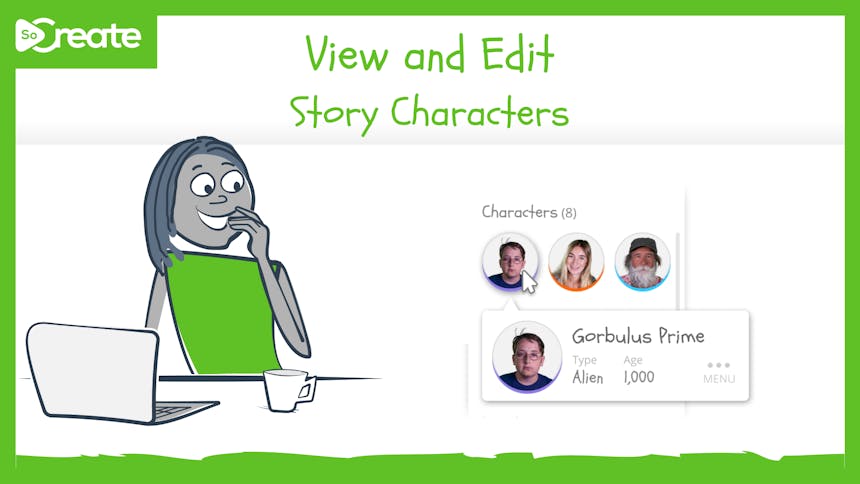 Graphic that reads "View and Edit Story Characters"