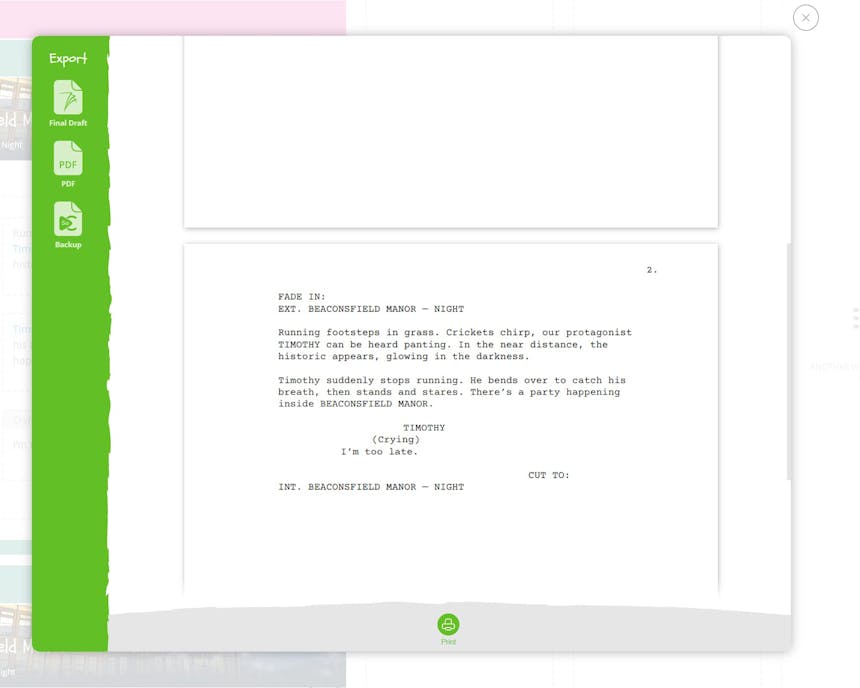 Una imagen de vista previa que muestra un guión exportado en el software de escritura de guiones SoCreate