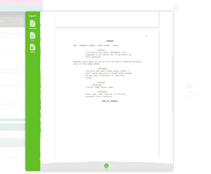 Una captura de pantalla que muestra la función de vista previa Imprimir/Exportar en el software de escritura de guiones SoCreate que muestra al escritor cómo se verá una exportación de guión tradicional
