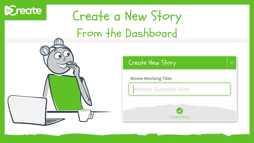 ग्राफ़िक जिसमें लिखा है "डैशबोर्ड से एक नई कहानी बनाएं"