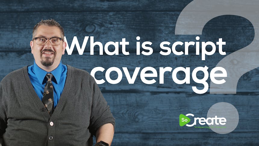 Drehbuchautor Bryan Young über einer Grafik mit dem Titel „Was ist Script Coverage?"