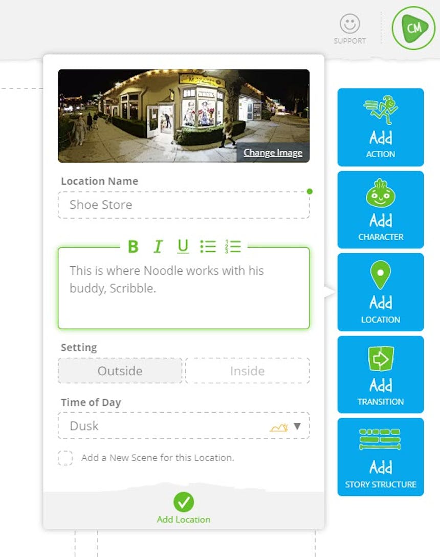 Una captura de pantalla que muestra cómo agregar una nueva ubicación a un programa de TV en SoCreate
