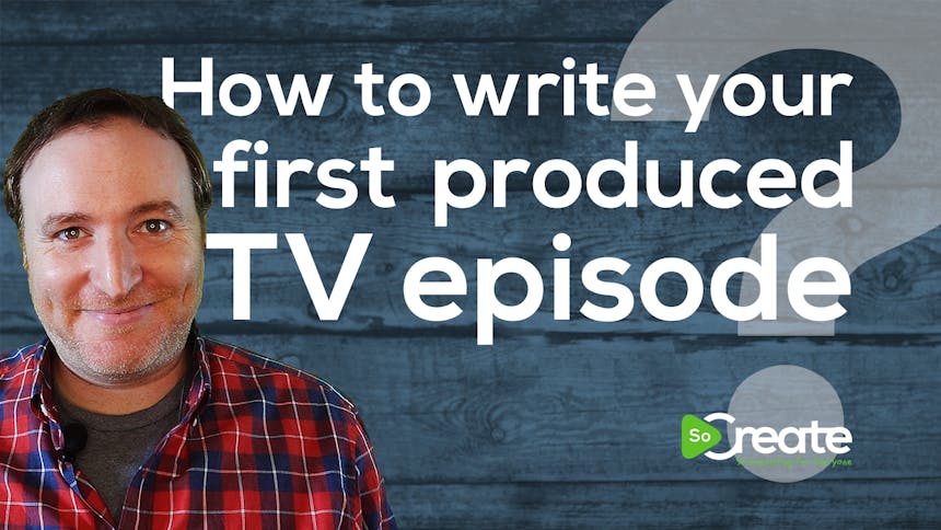 Marc Gaffen vor einer Grafik mit dem Text „How to Write Your First Produced TV Episode“