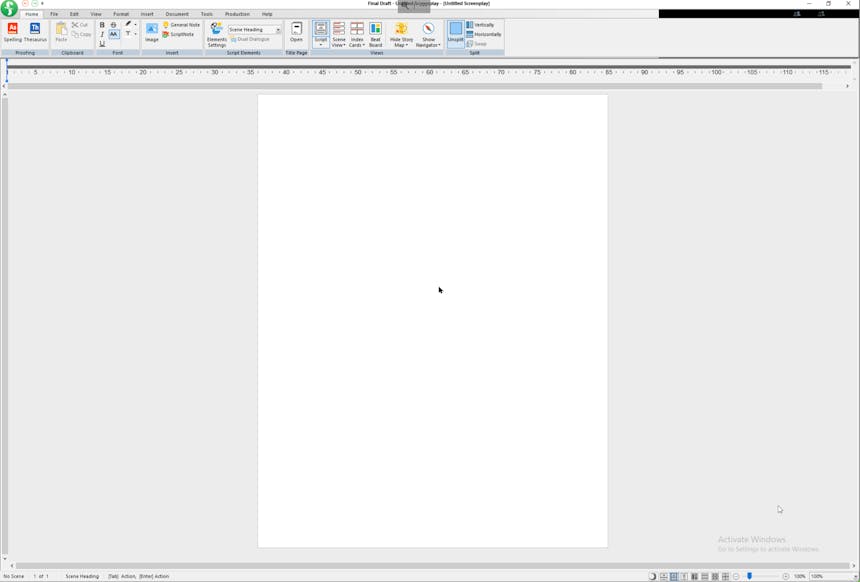 The main page of Final Draft, which features a blank page and lots of tools listed along the top.