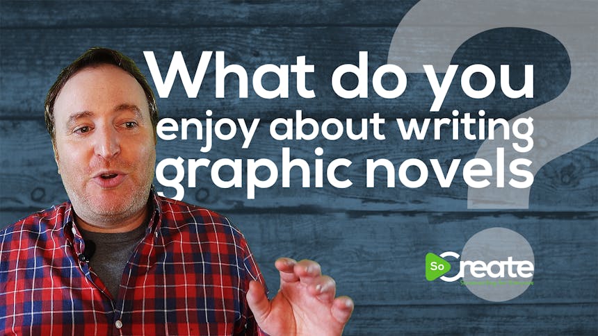 Autor Marc Gaffen vor einer Grafik mit dem Text: „What do you enjoy about writing graphic novels“