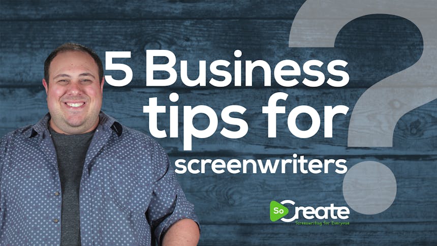 Writing Consultant Danny Manus on a graphic that reads Drehbuch-Berater Danny Manus vor einer Grafik mit dem Text: „5 Business Tips for Screenwriters“