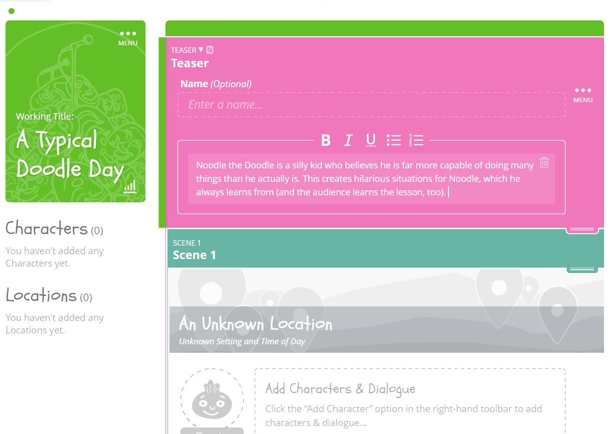 SoCreate Screenwriting Software मध्ये दृश्यावर जोडल्या जाणाऱ्या विचारमंथन नोट्सची स्क्रीन कॅप्चर