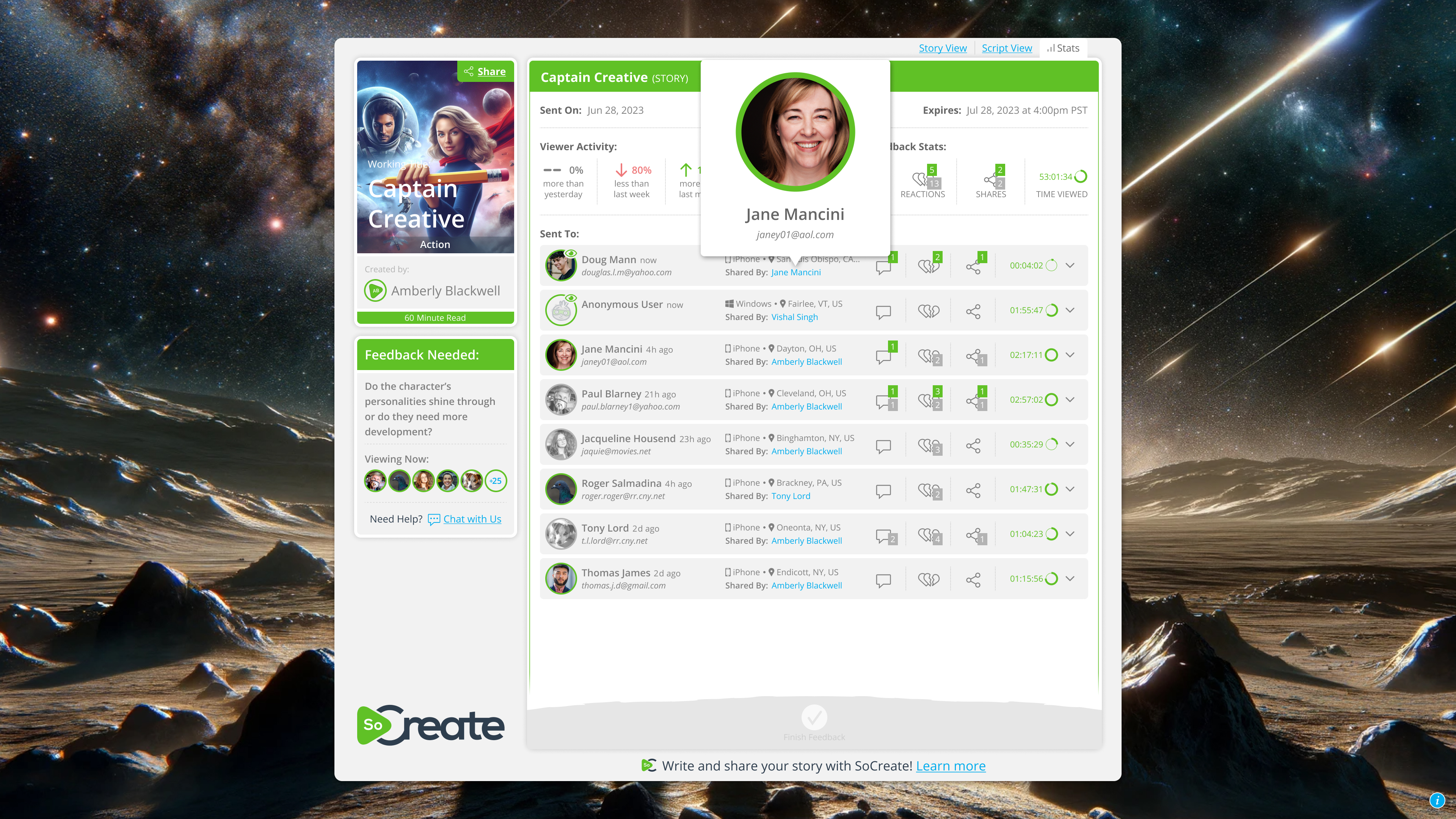 SoCreate 통계는 모든 스토리 리뷰어를 나열합니다