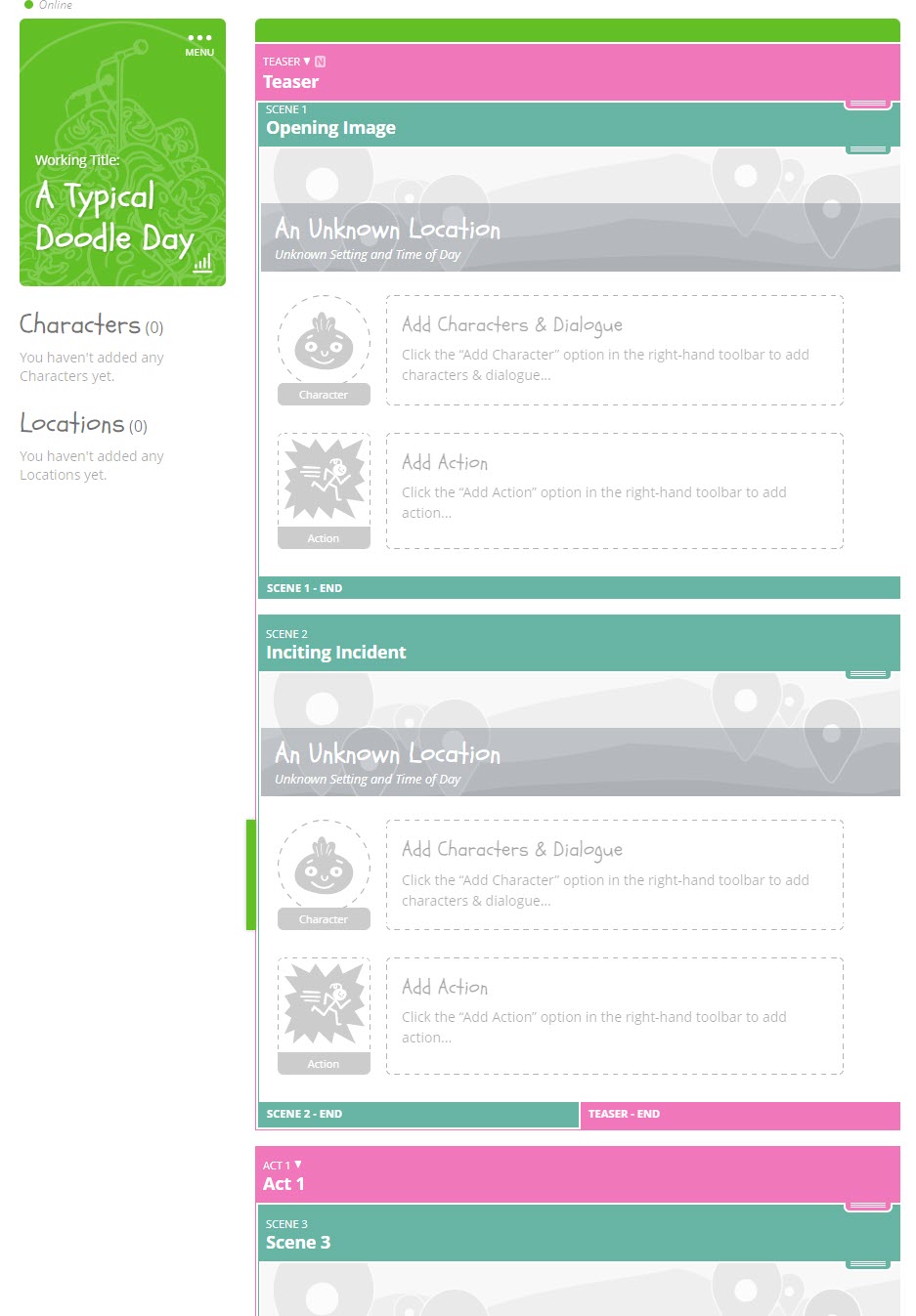 SoCreate मध्ये कथा रचना प्रवाह आयटम वापरून टीवी शोची रचना कशी करायची हे दाखवणारी एक स्क्रीन कॅप्चर