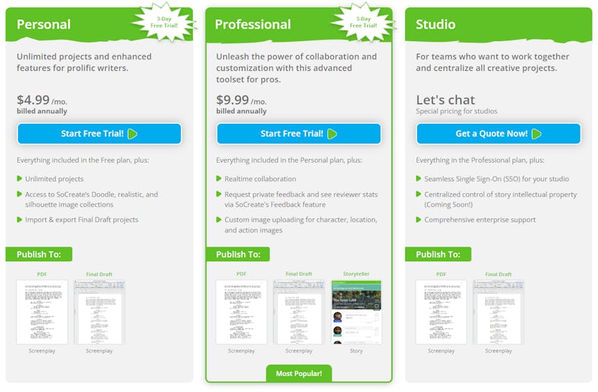Pricing menu