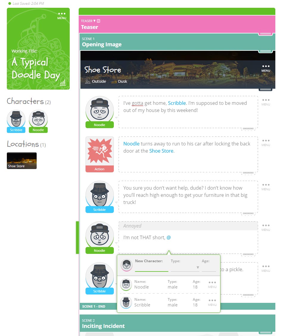 SoCreate स्क्रीनराइटिंग सॉफ्टवेअरमध्ये संवाद आणि कृती प्रवाह वस्तूंसह एक दृश्य आकार घेण्यास सुरुवात होते ते दाखवणारी स्क्रीन कॅप्चर