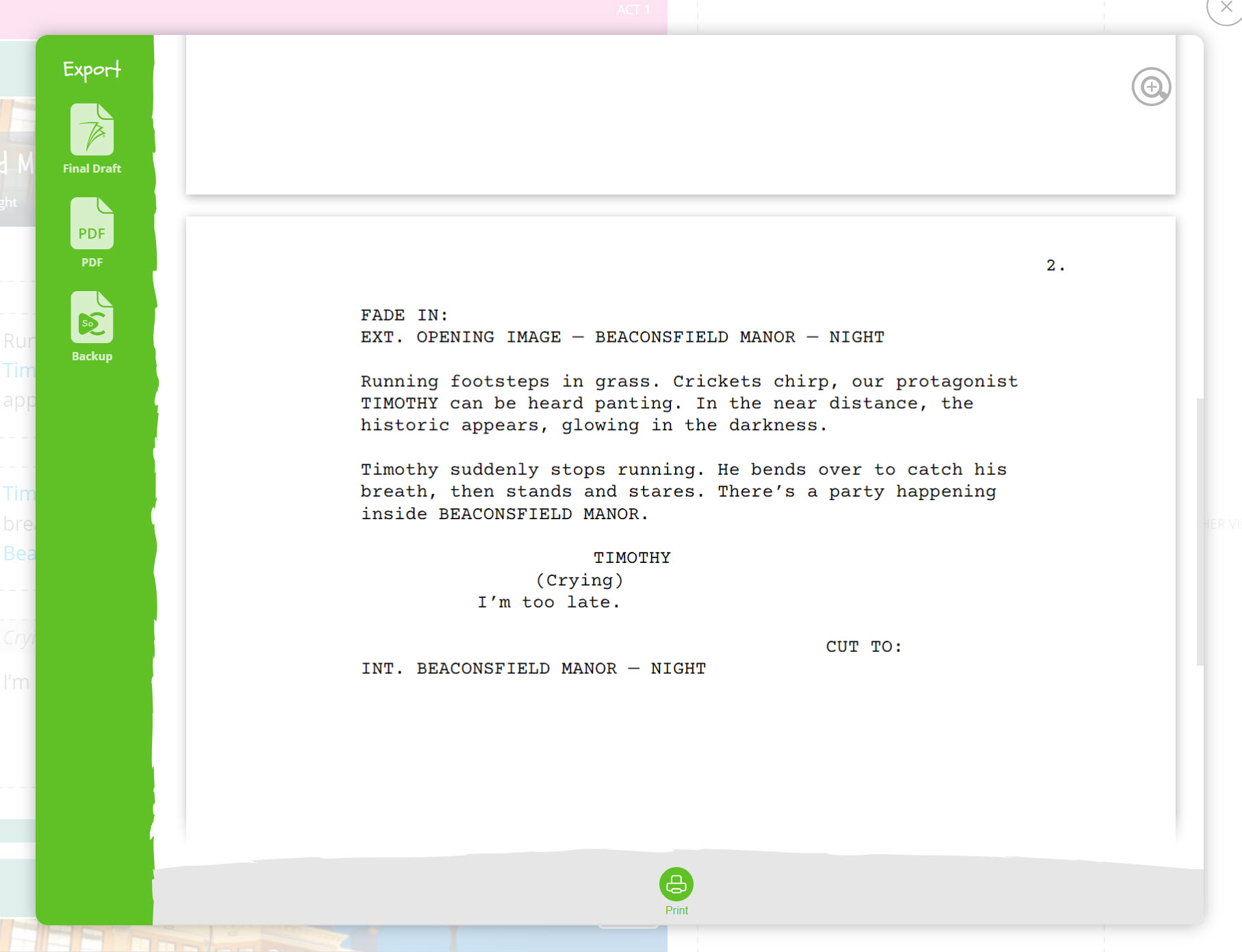 SoCreateలో సంప్రదాయ ఫార్మాట్‌లో మీ స్క్రీన్‌ప్లేను ఎగుమతి చేయడం మరియు చూస్తేను ఎలా చేయాలో చూపించే స్క్రీన్ క్యాప్చర్