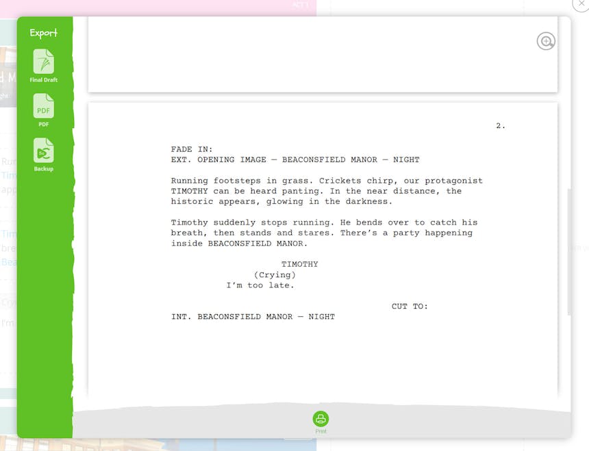 A screen capture shows how to export and preview your screenplay in the traditional format in SoCreate