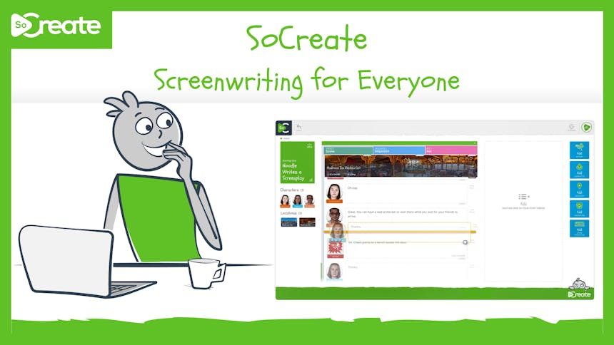 A graphic shows Noodle the Doodle introducing SoCreate Screenwriting Software
