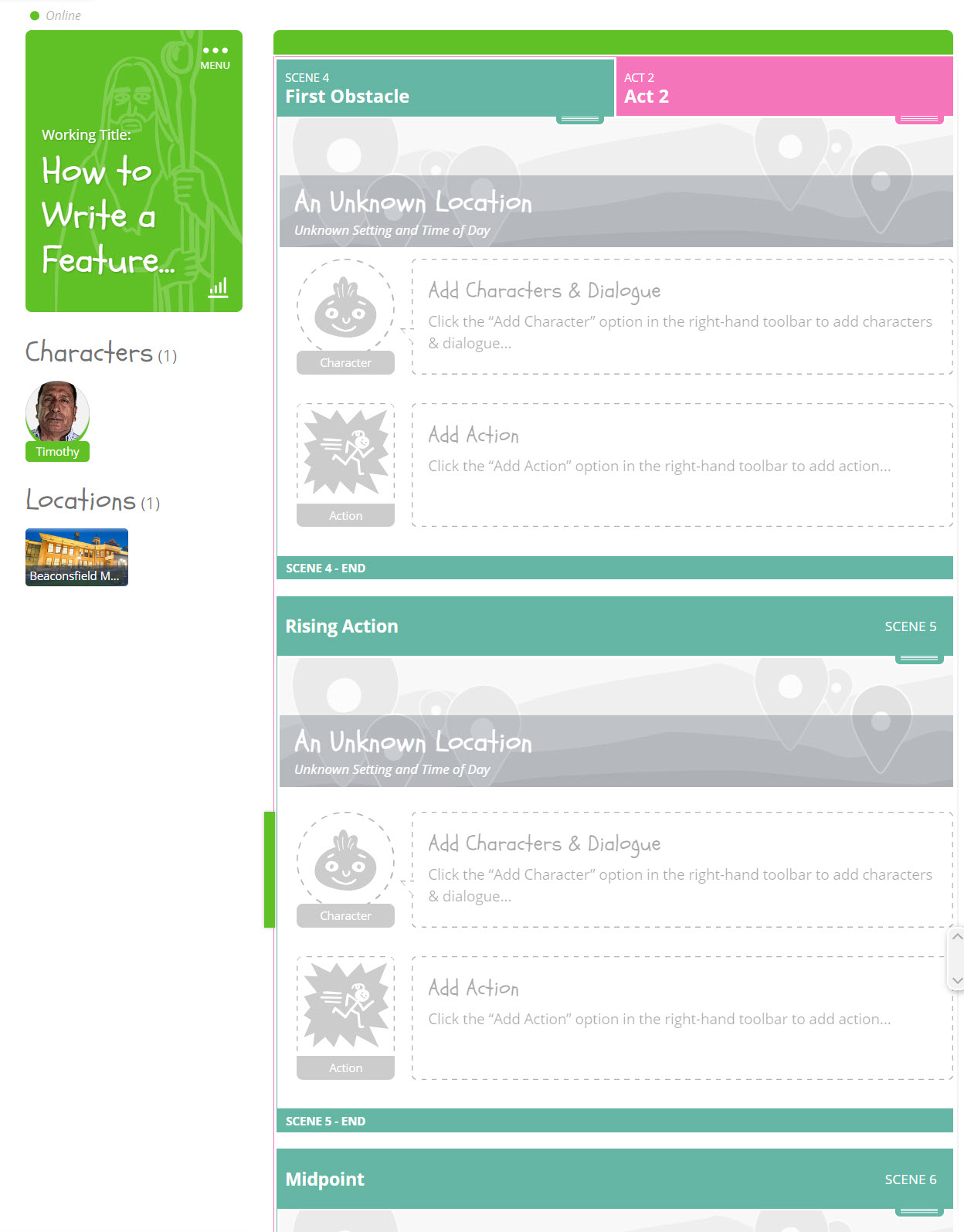 మీడియా చిత్రణ SoCreate లో స్క్రీన్‌ప్లే అవుట్లైన్ చేయడం కోసం కథ నిర్మాణాన్ని ఎలా ఉపయోగించాలో చూపిస్తుంది